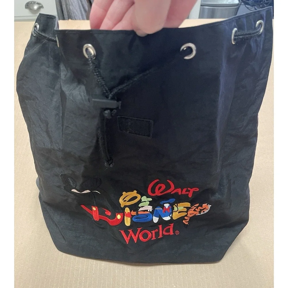 Vintage Walt Disney World Black Drawstring Backpack Embroidered 